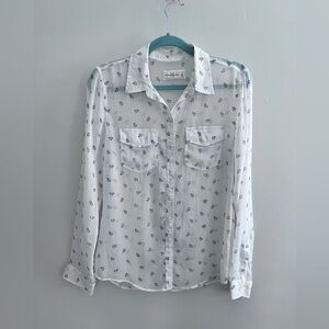 Lightweight White Button-Down Shirt with Navy Floral Print